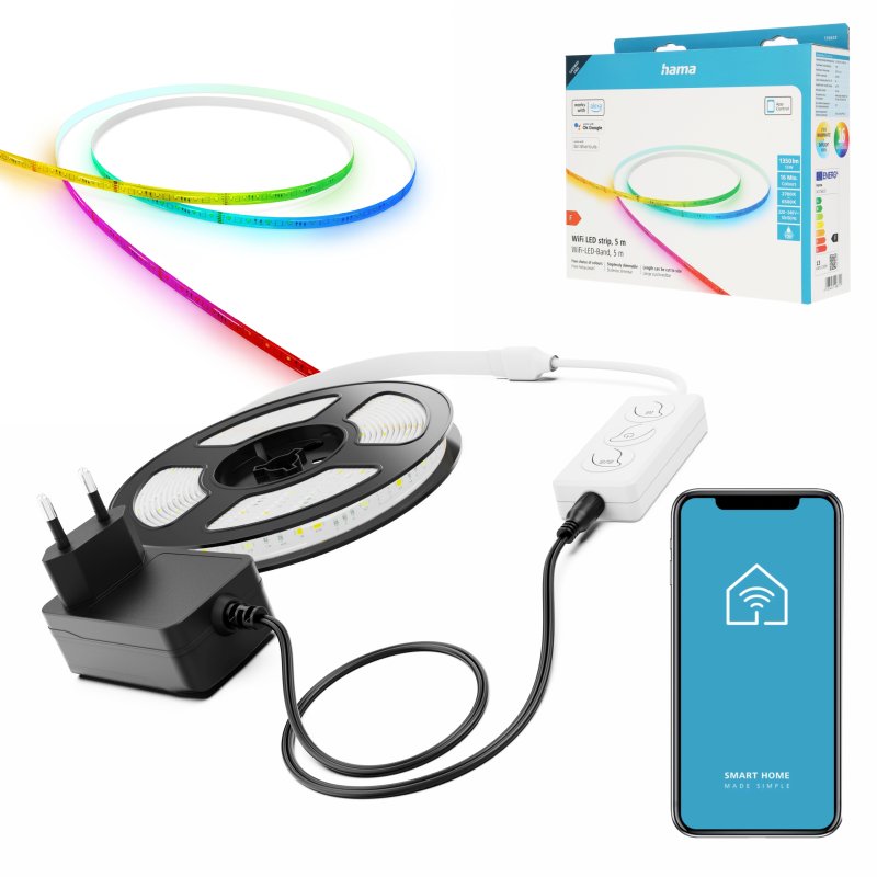 Taśma LED WiFi smart Hama z zasilaczem 5 m, kolory RGB, regulowana aplikacją